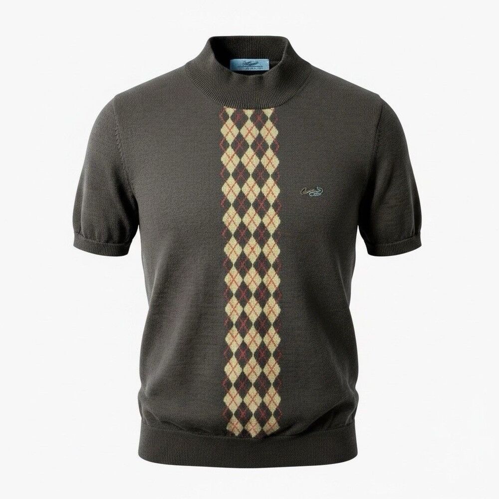 Crocodile (Singapore)Women’s Argyle Sweater Brown Mock Neck Knit Pullover Preppy